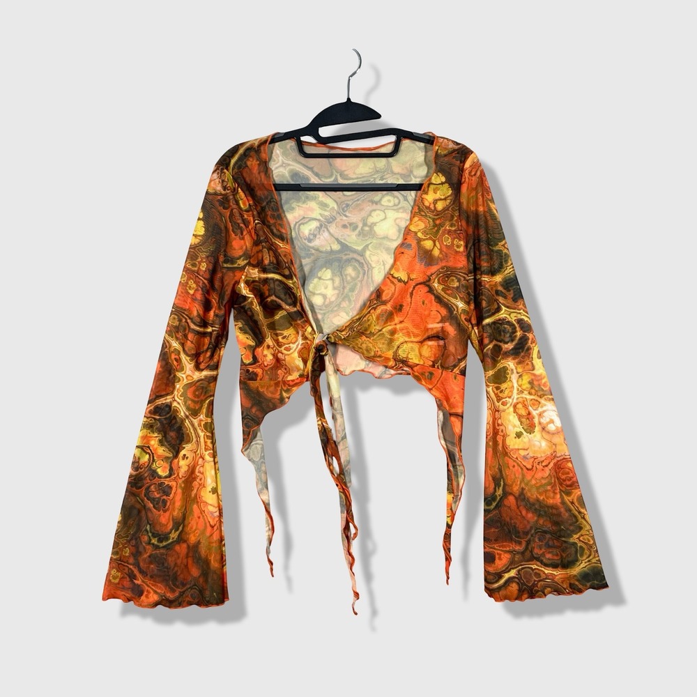 Tie Front Top Women Large Orange Abstract Psychedelic Mesh Flare Sleeve Festival
